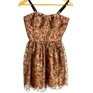 Chocolate Brown Fit & Flare Cocktail Dress Glitter Floral Adjustable Straps